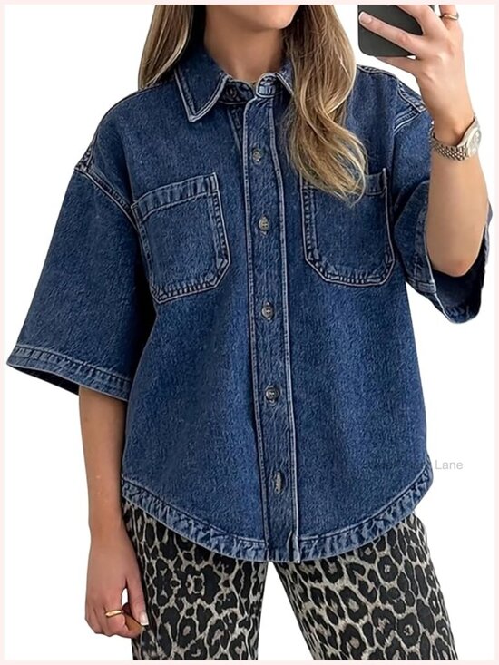 Tops - Women's Crop Denim Shirt Button Down Short Sleeve Oversized Jean Top